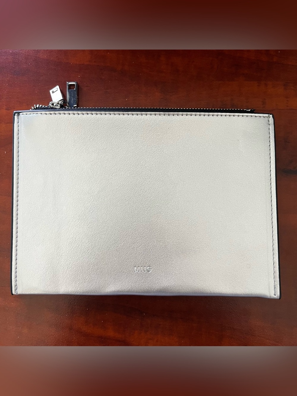 Mango Silver Faux Leather Zip Clutch